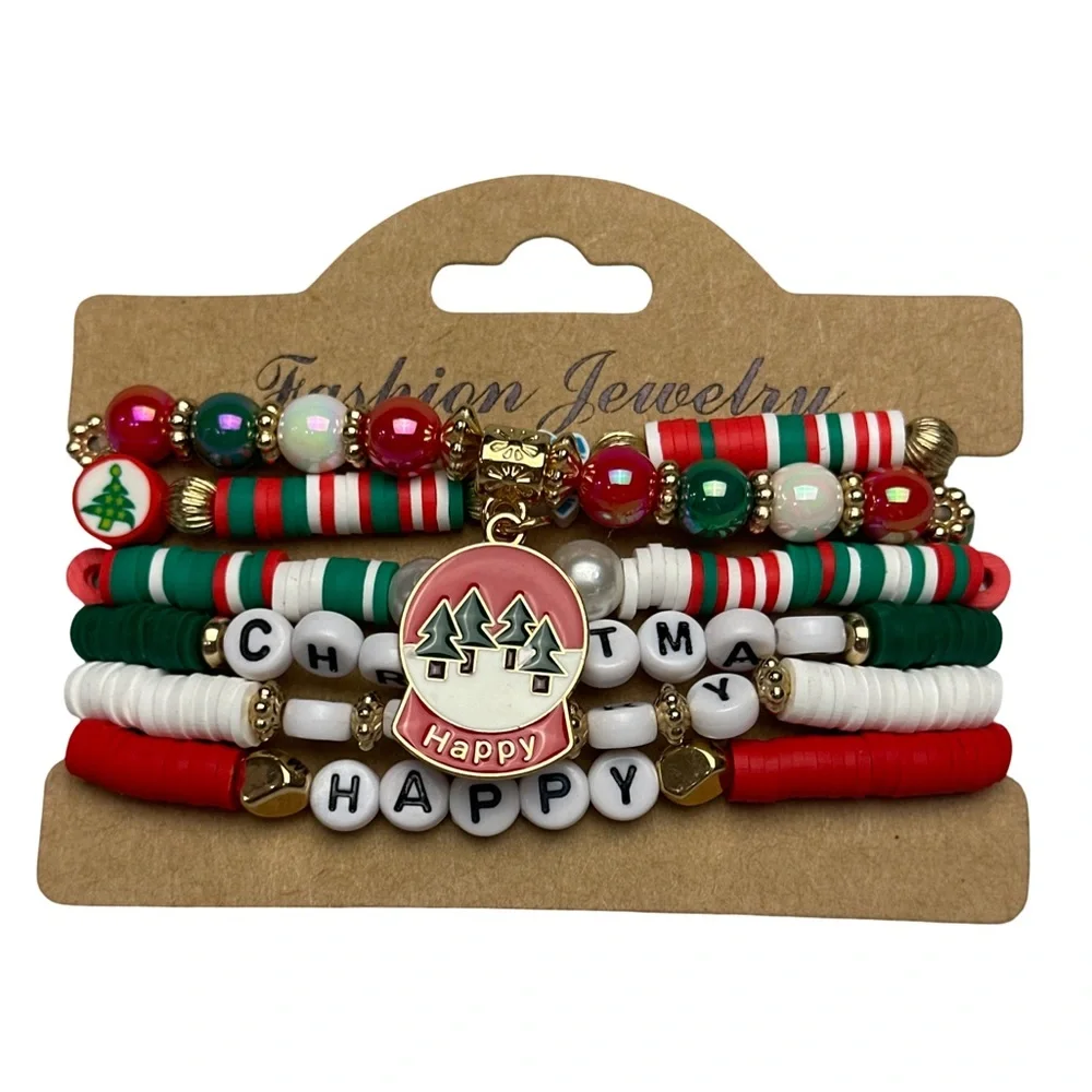 NEW Festive Christmas Stretchy Bracelet Set Red Green White Beaded Holiday Charm